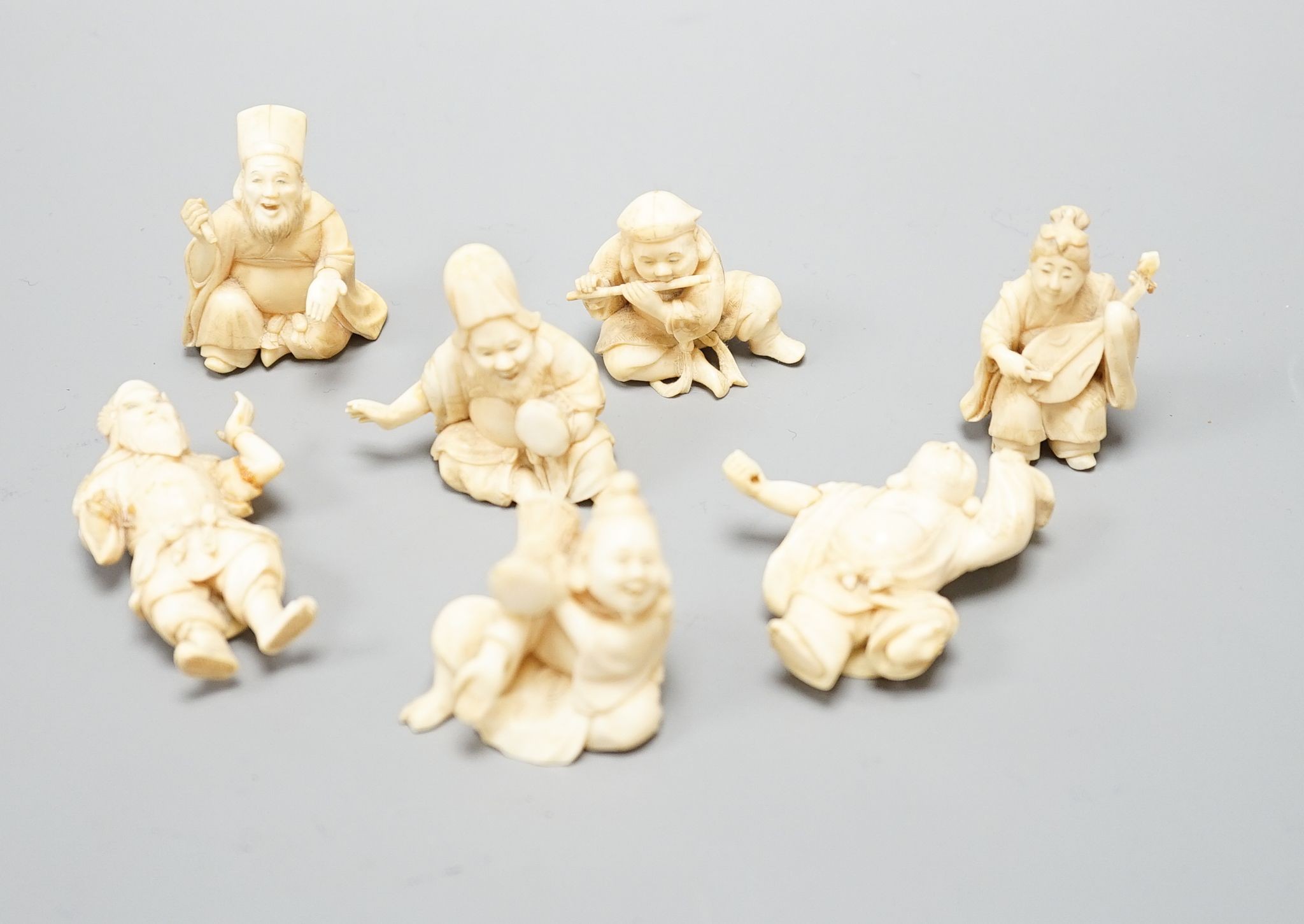 A set of seven Japanese ivory okimono of the seven gods of Happiness, Meiji period, unsigned, tallest 4cm